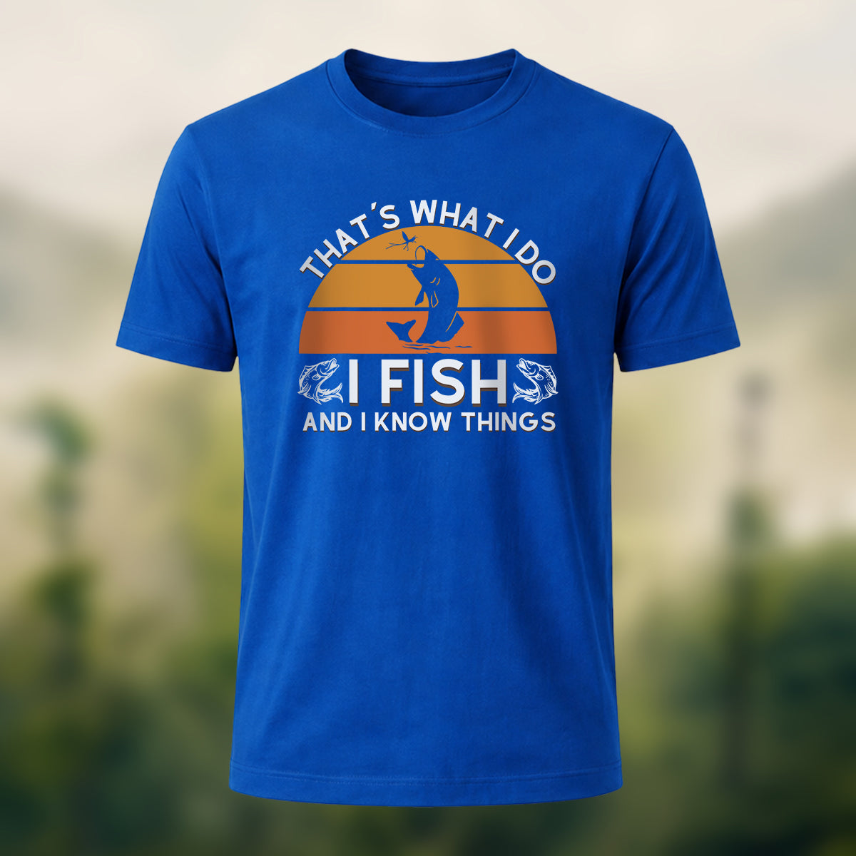 Retro Outdoor Fishing Print Casual Cotton T-Shirt Royal Blue