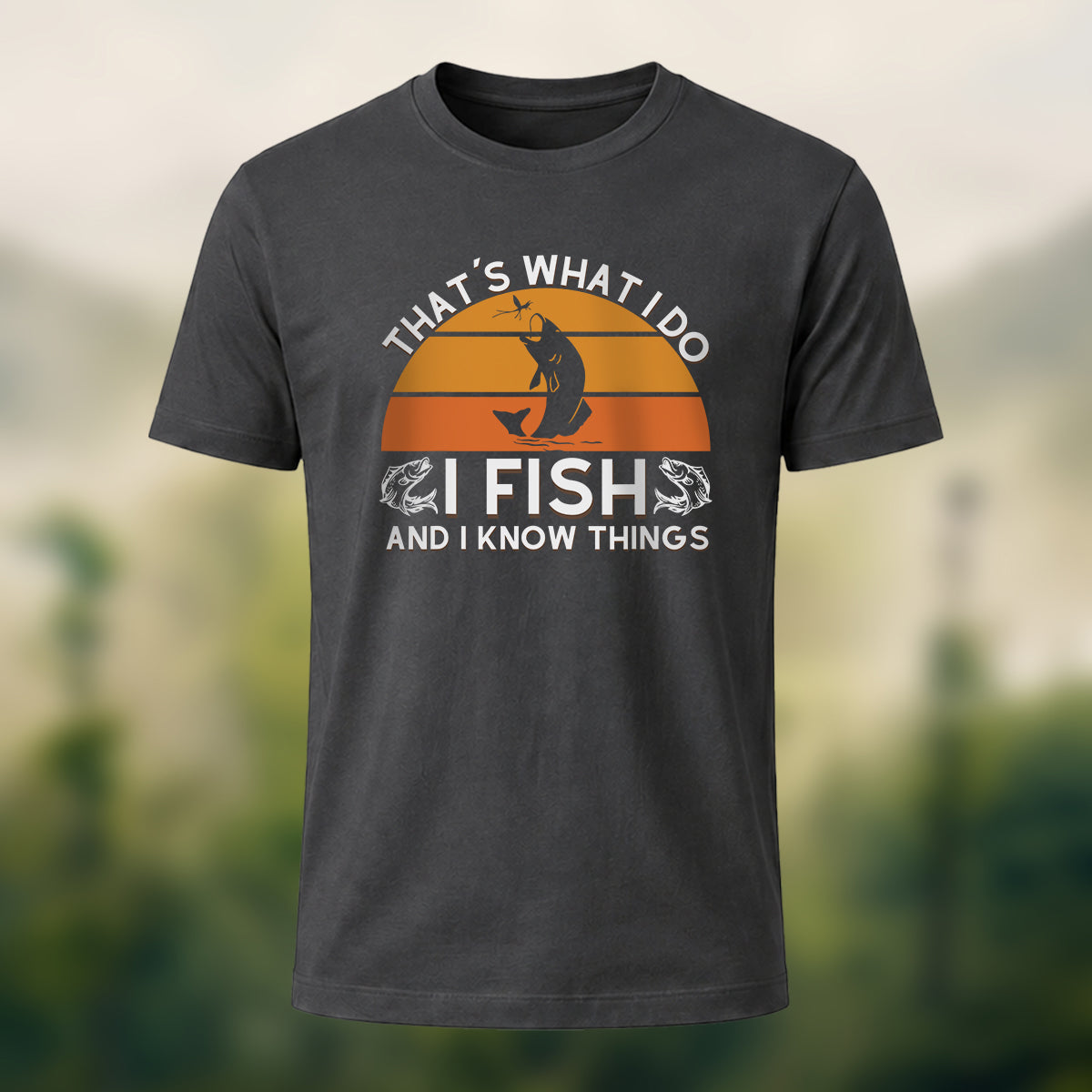 Retro Outdoor Fishing Print Casual Cotton T-Shirt Charcoal