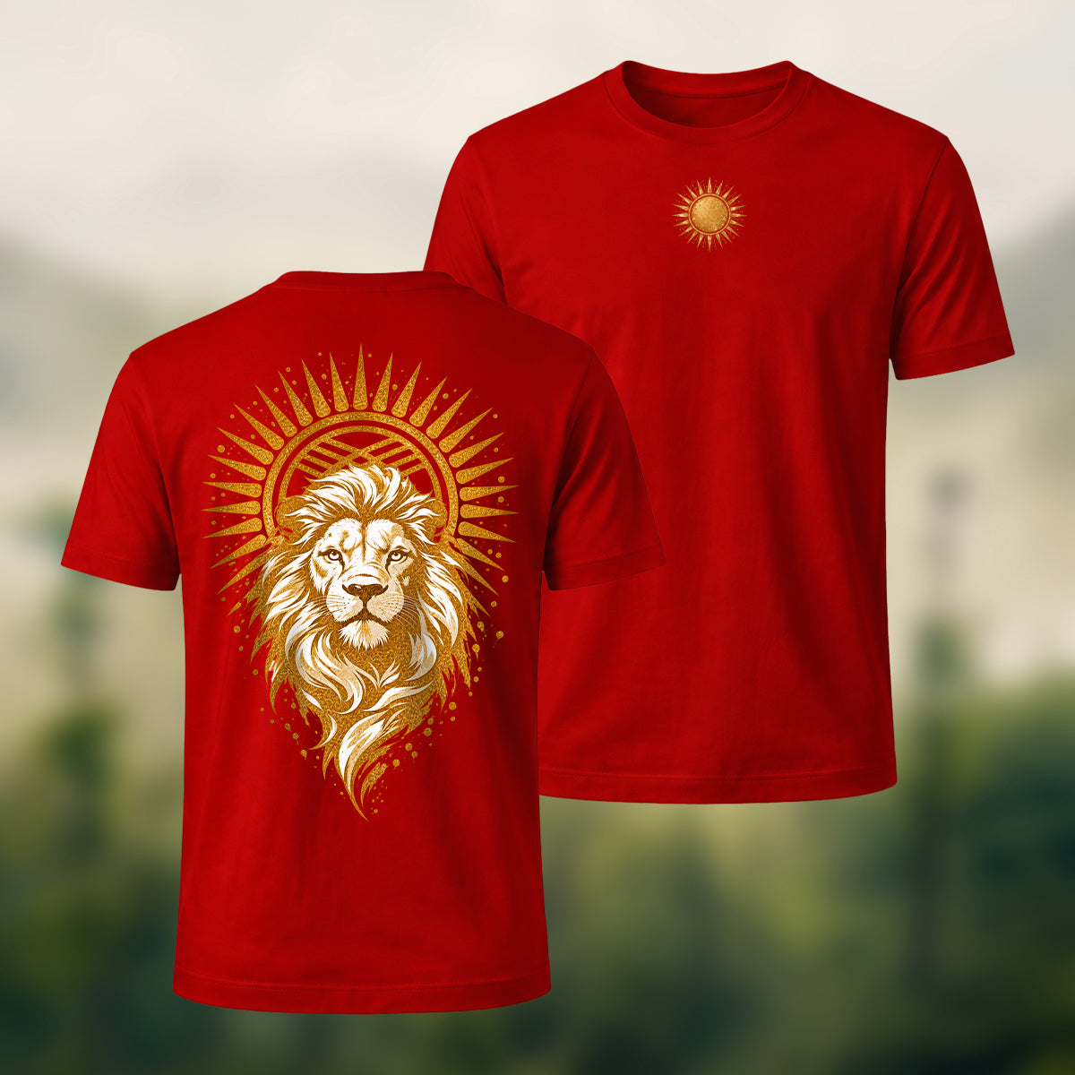 Golden Lion Medallion Print Premium Cotton T-Shirt Red
