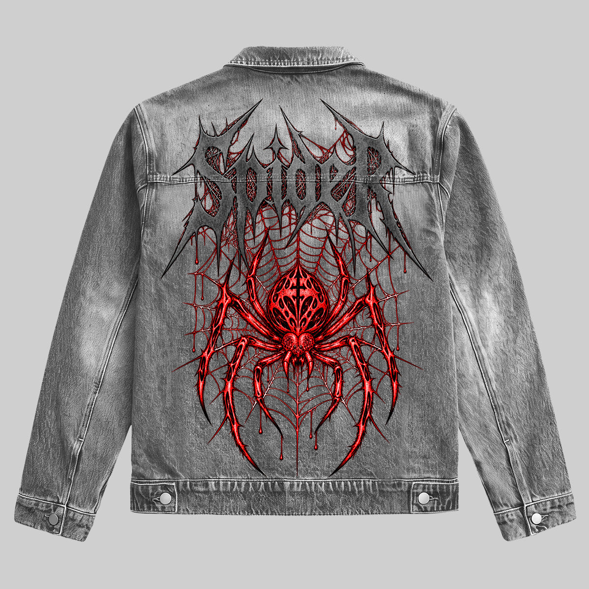 Intricate Gothic Spider Denim Jacket Grey