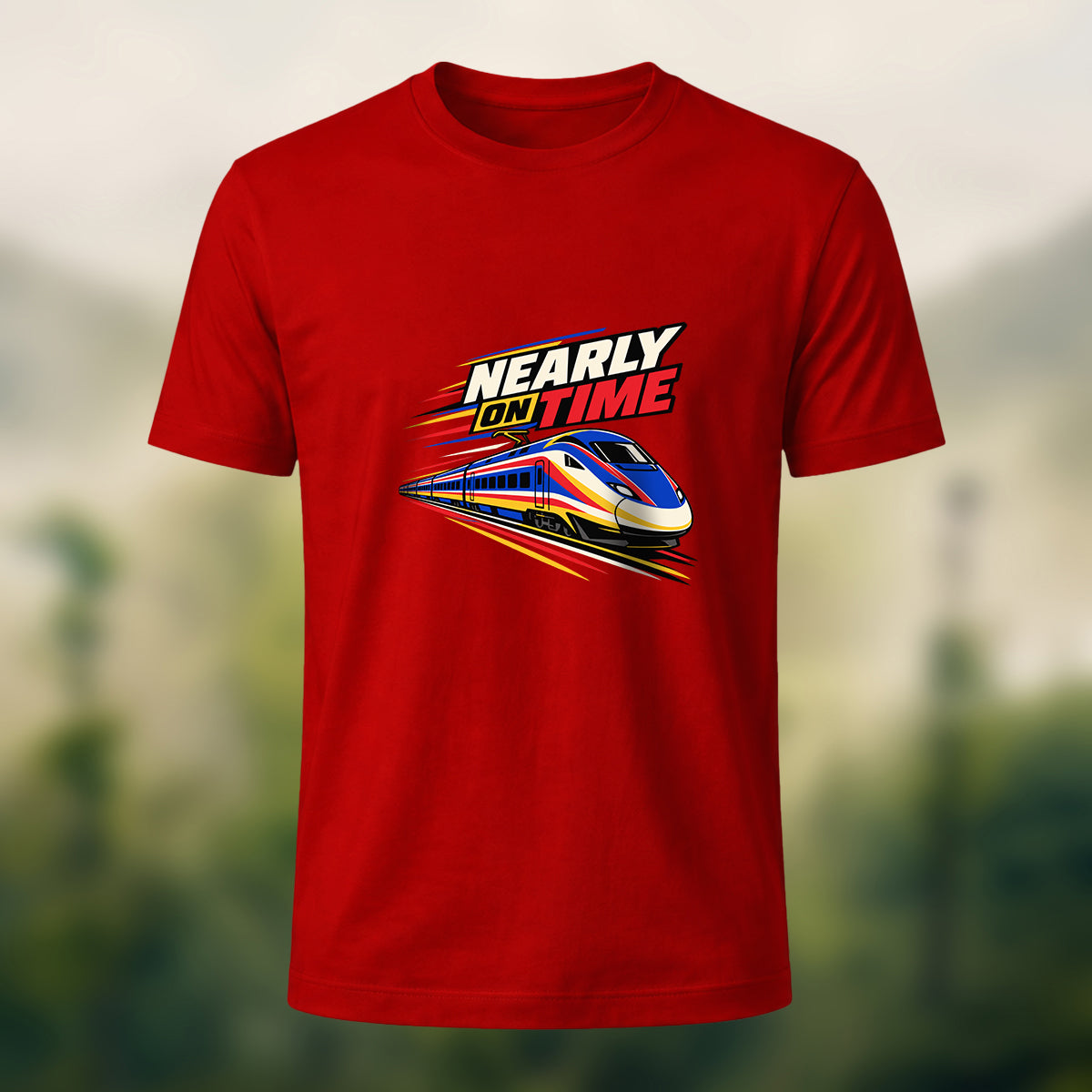 Nearly On Time Train Print Casual Cotton T-Shirt Red