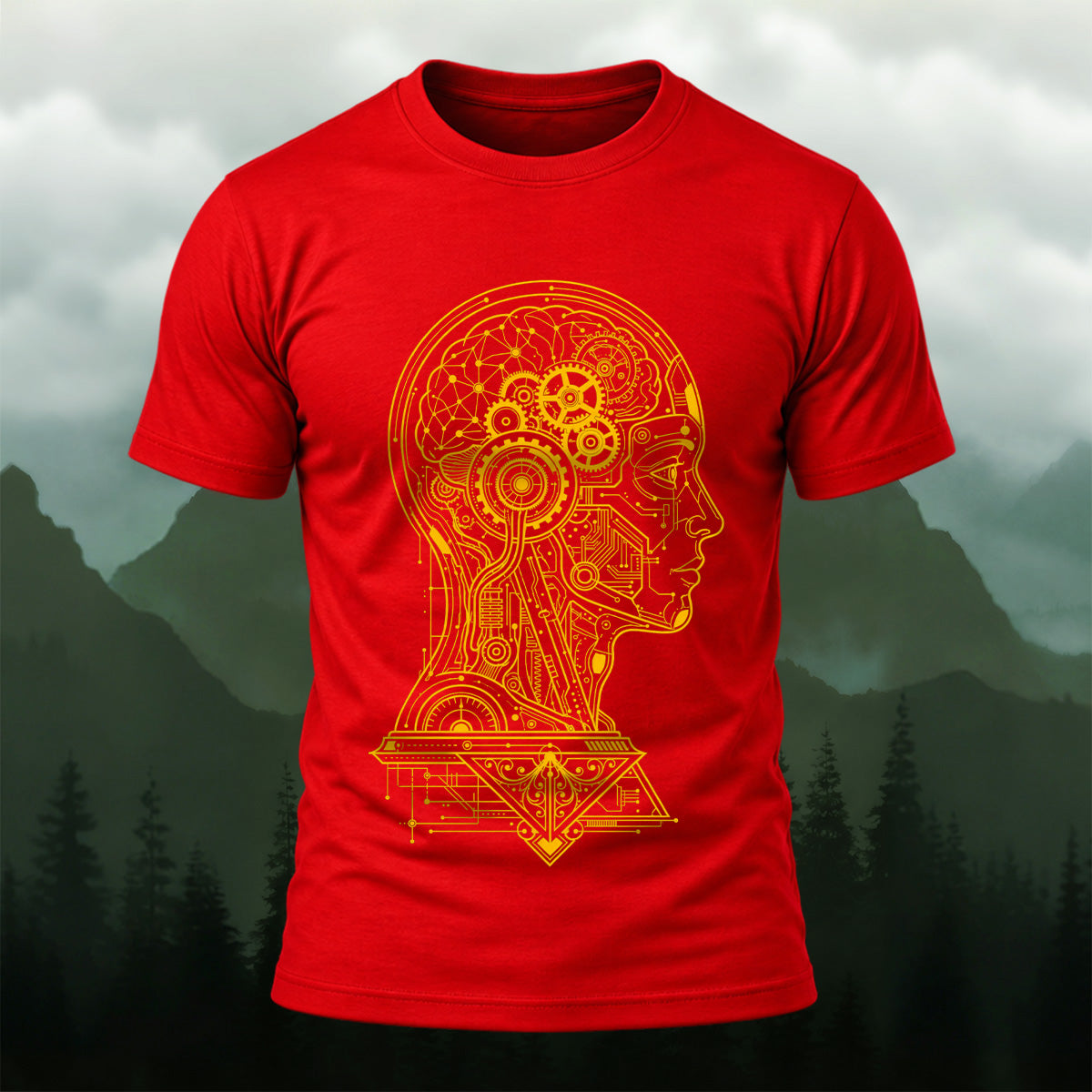 Futuristic Mechanical Brain Combed Cotton T-Shirt Red