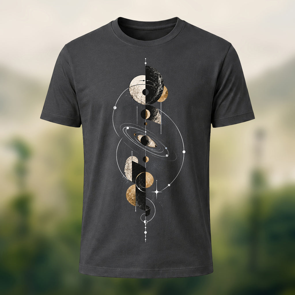 Mystical Geometric Planet Soft Cotton T-Shirt Charcoal