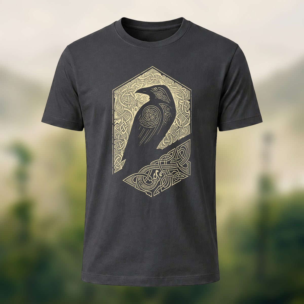 Bird Pattern Mountain Comfortable Casual T-Shirt Charcoal