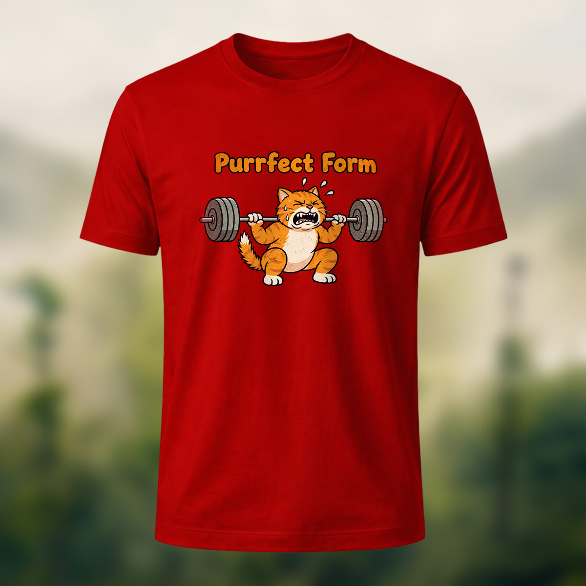 Humorous Fitness Cat Premium Cotton T-Shirt Red