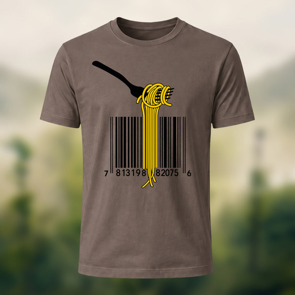 Pasta Barcode Print Casual Cotton T-Shirt Coffee