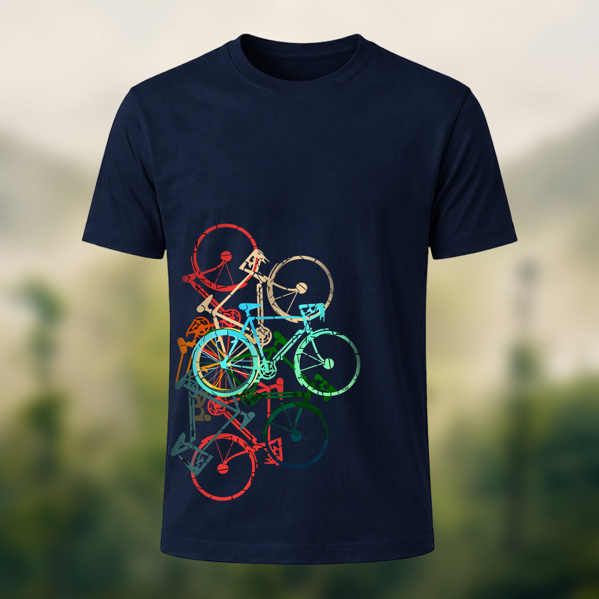 Bicycle-Printed Combed Cotton Casual T-Shirt Navy
