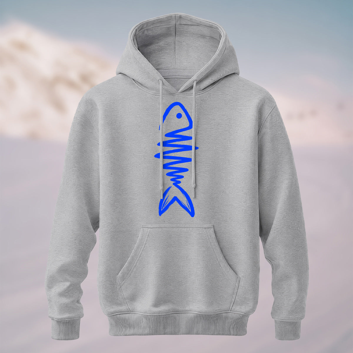 Cotton Made Artistic Minimal Fish Line Hoodie Gray