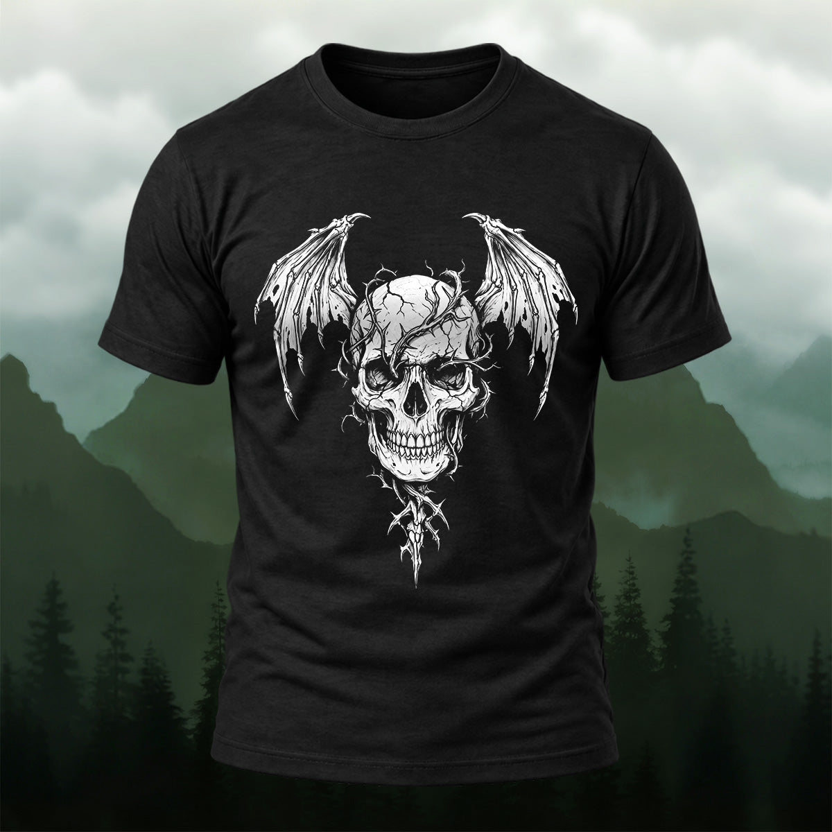 Dark Winged Skull Combed Cotton T-Shirt Black