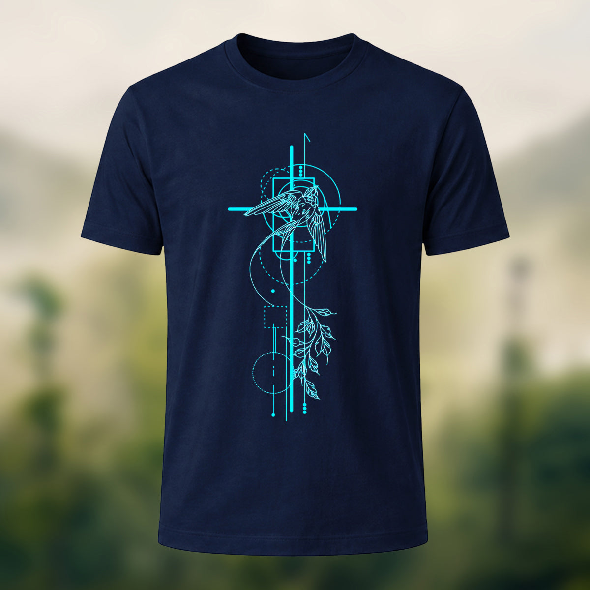 Abstract Nature Print Combed Cotton T-Shirt Navy