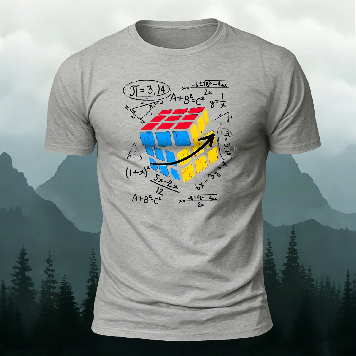 Rubik's Cube Print Casual Soft Cotton T-Shirt Heather Grey