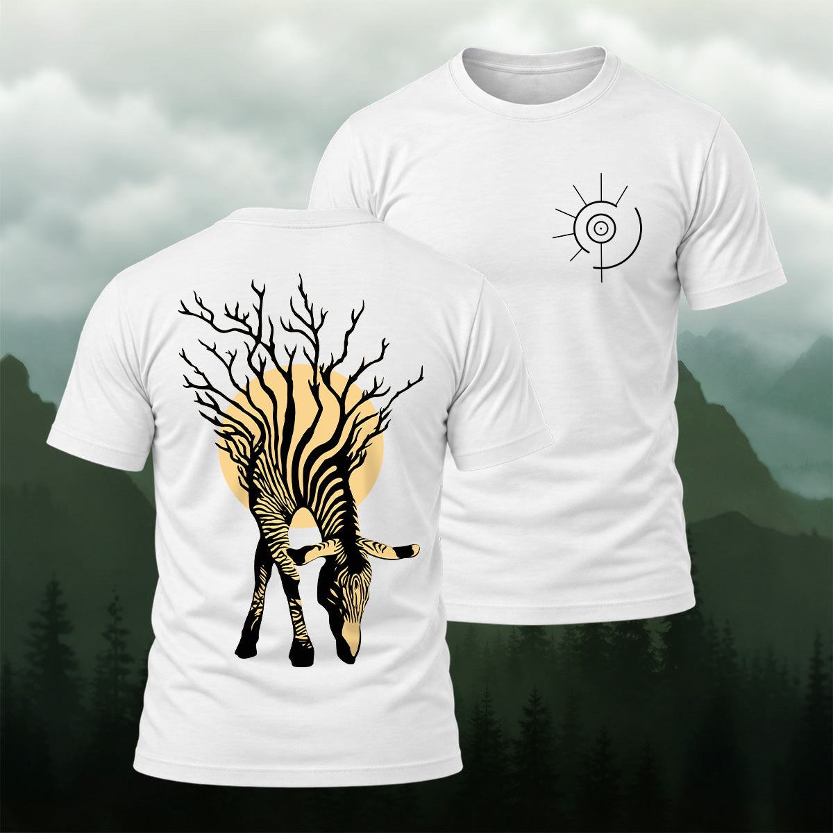 Artistic Branching Antler Deer Combed Cotton T-Shirt White