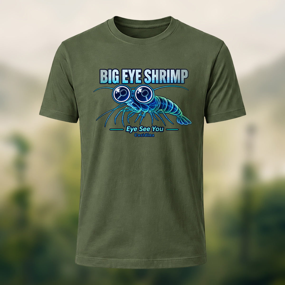 Whimsical Big Eye Shrimp Combed Cotton T-Shirt Olive Green