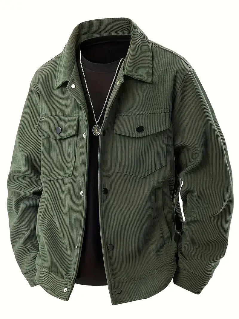 Corduroy Single-Breasted Casual Pockets Jacket Army Green