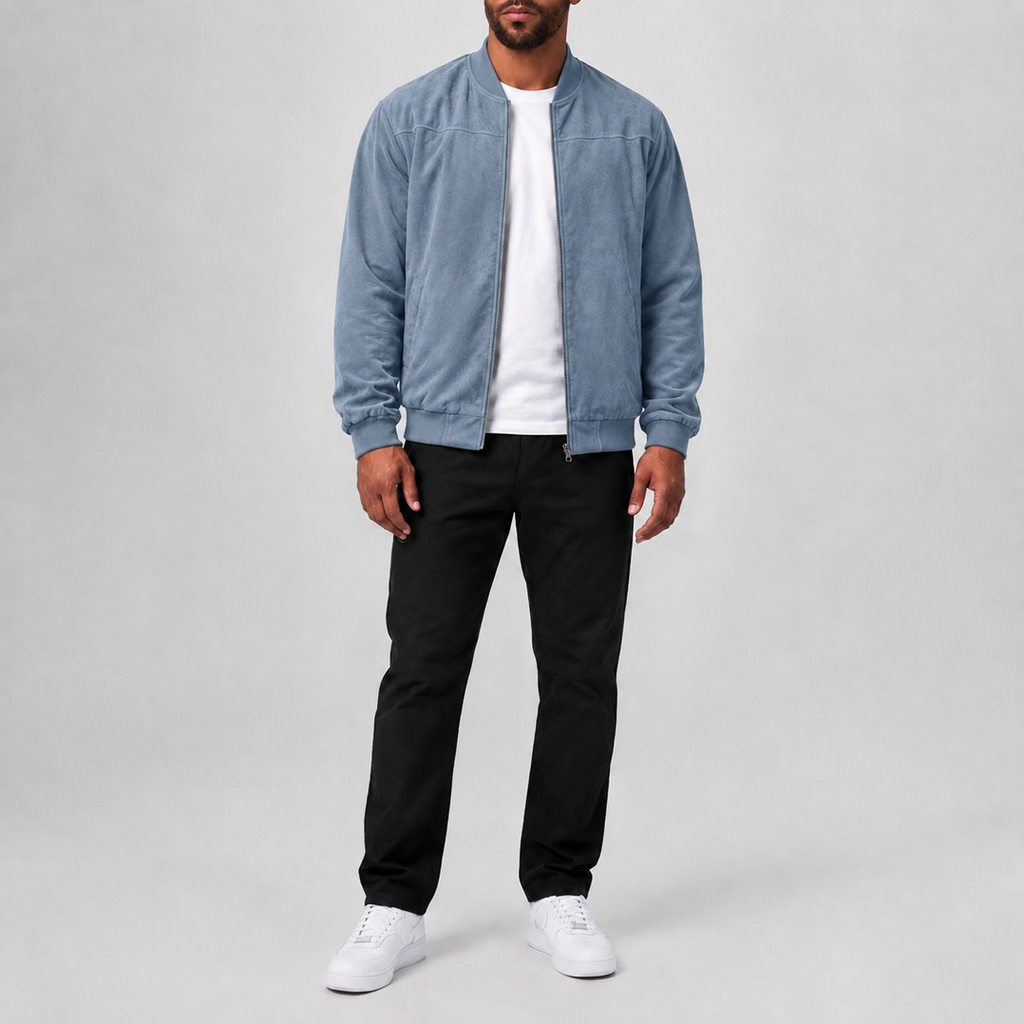 Stylish Suede Zip-Up Casual Jacket Blue