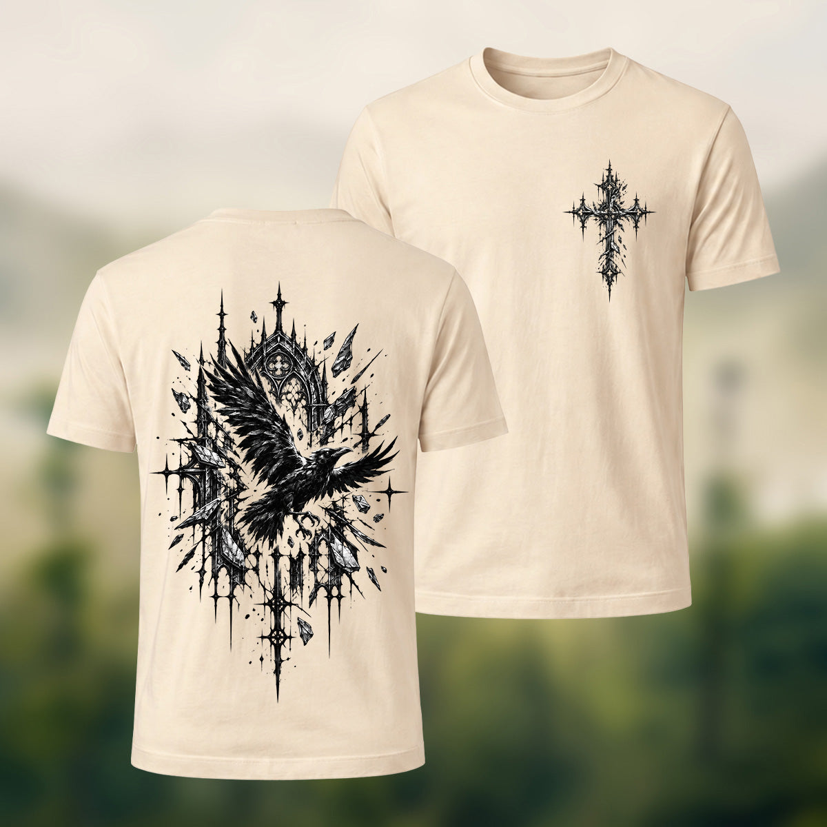 Mystical Gothic Raven Premium Cotton T-Shirt Beige