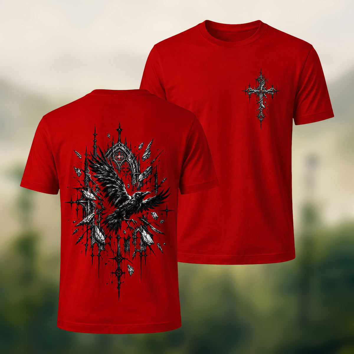 Mystical Gothic Raven Premium Cotton T-Shirt Red