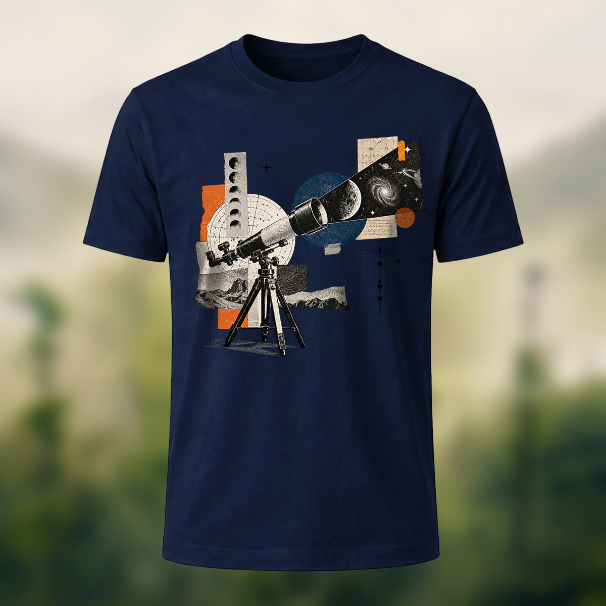 Vintage Stargazing Telescope Combed Cotton T-Shirt Navy