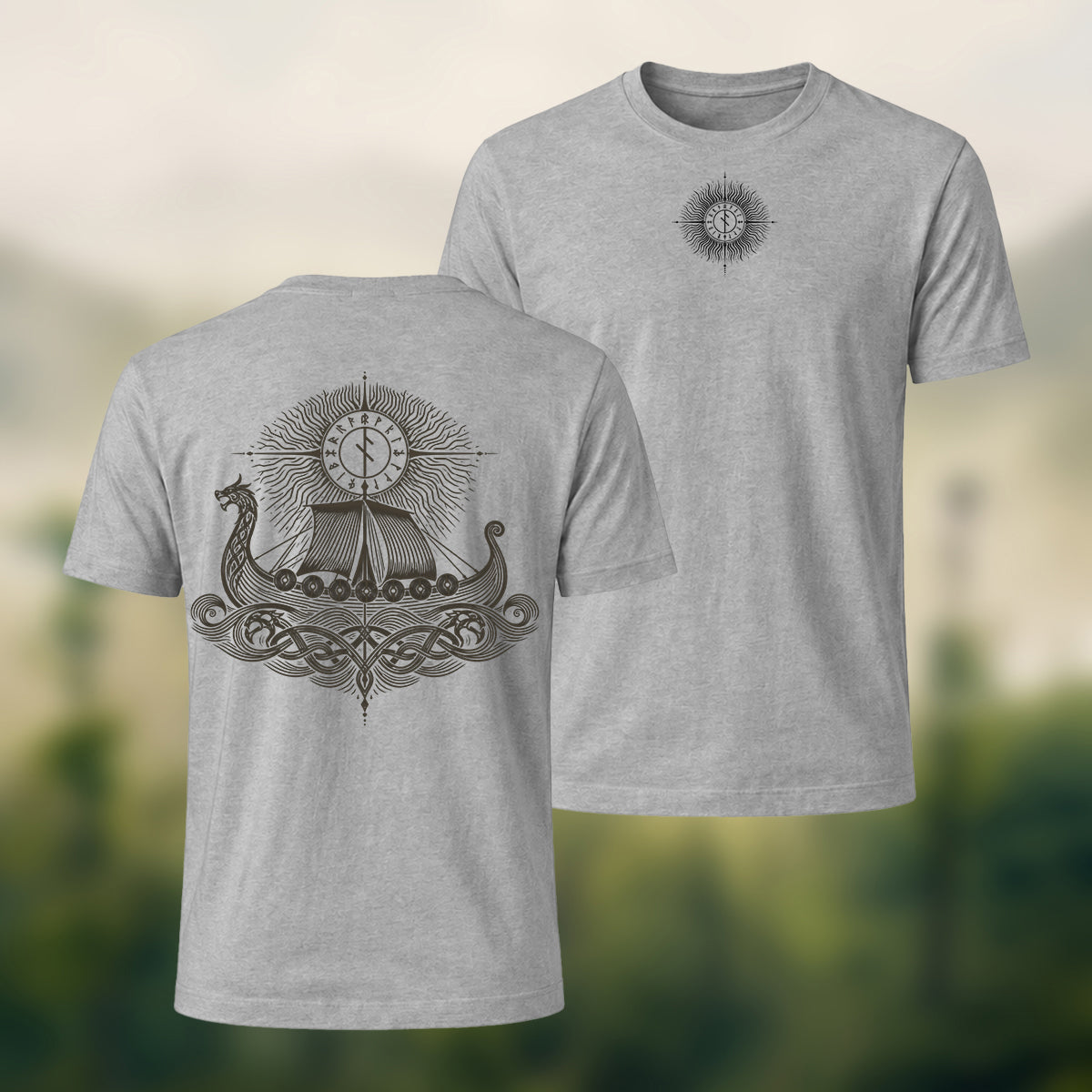 Viking Longship Print Casual Cotton T-Shirt Heather Grey