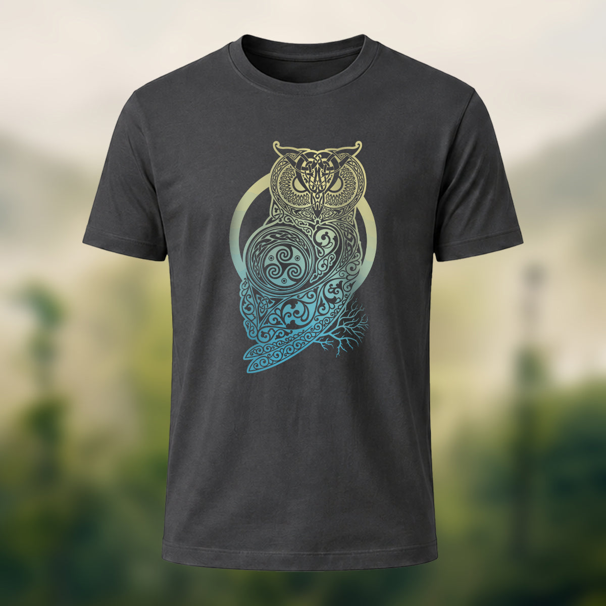 Mysterious Owl Totem Print Casual Cotton T-Shirt Charcoal