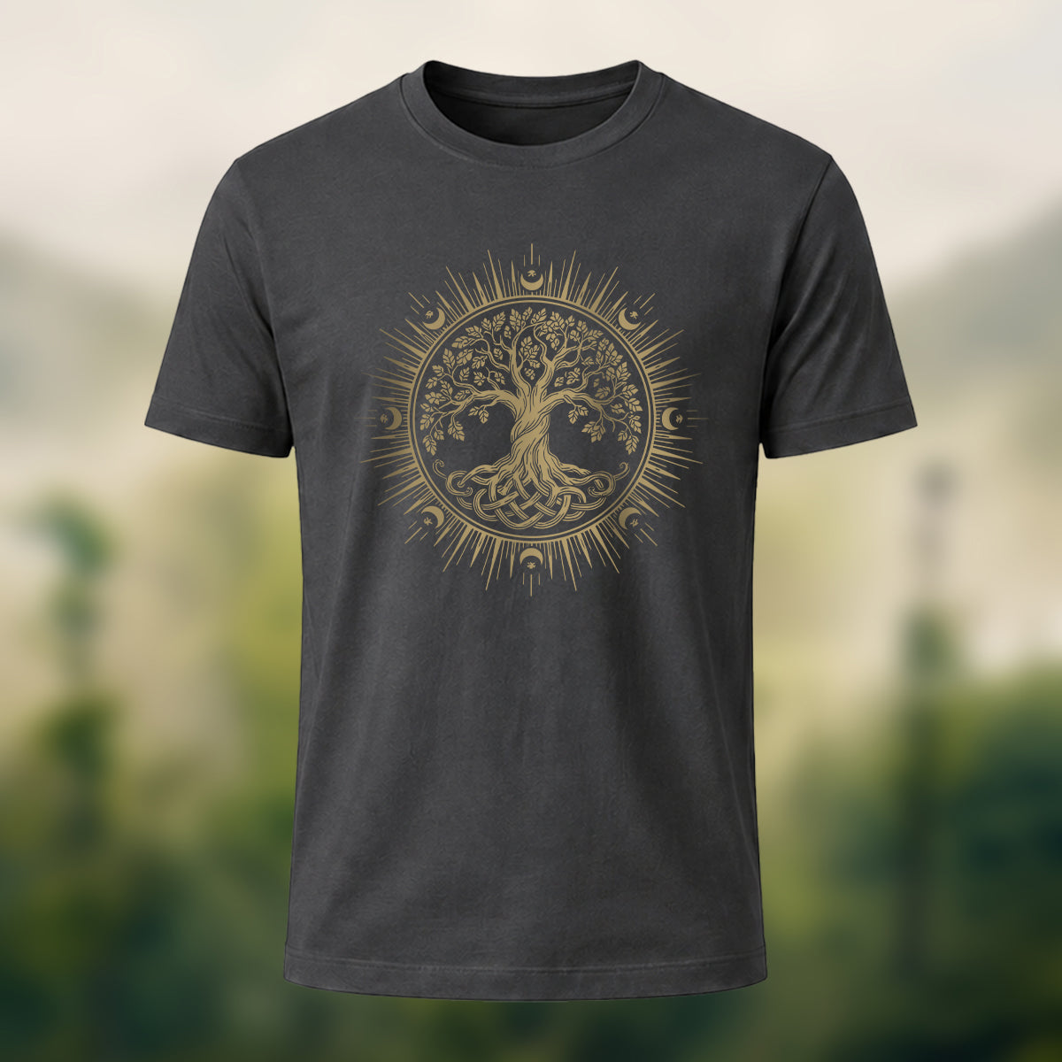 Celtic Tree of Life Print Casual Cotton T-Shirt Charcoal