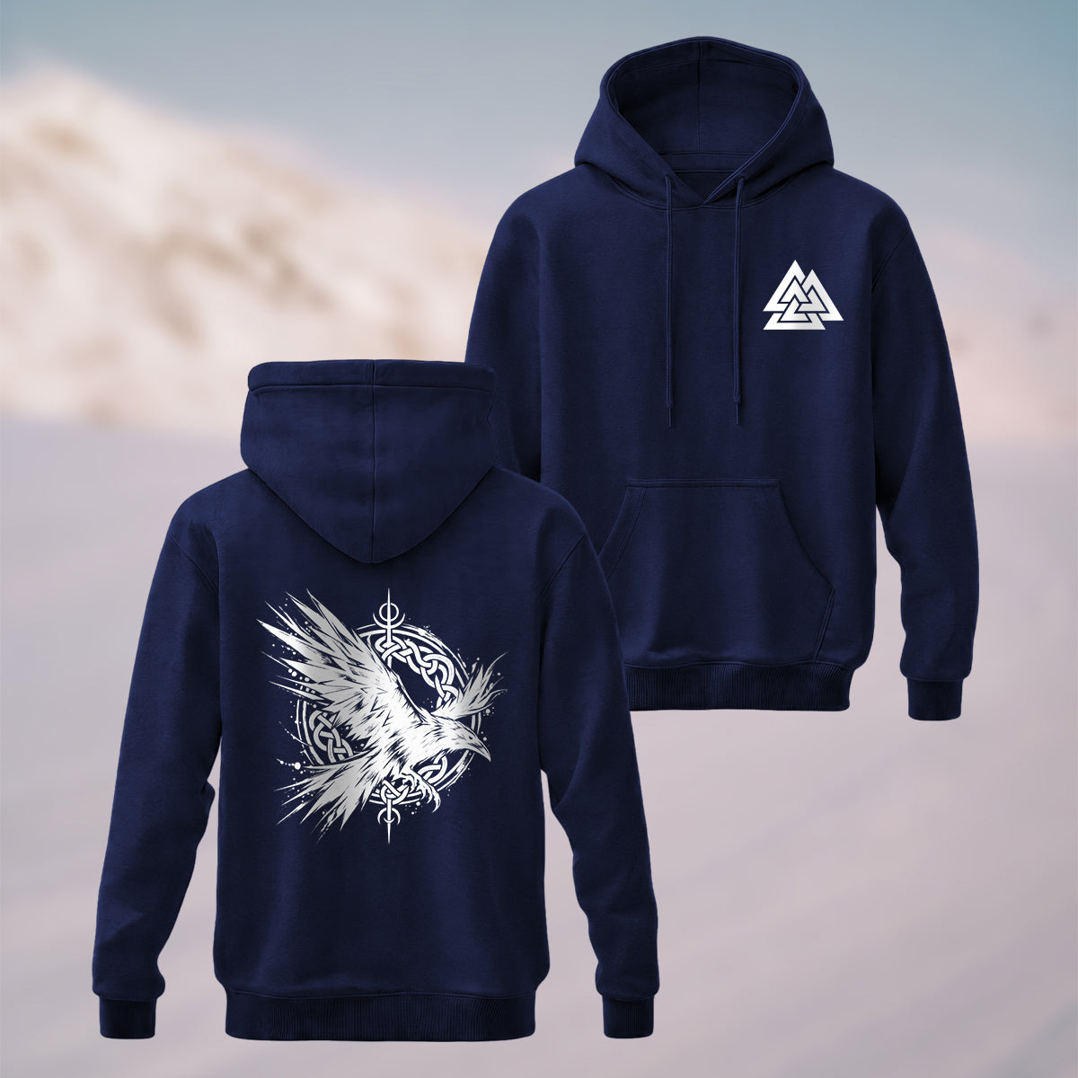 Cotton Made Viking Raven Print Hoodie Navy