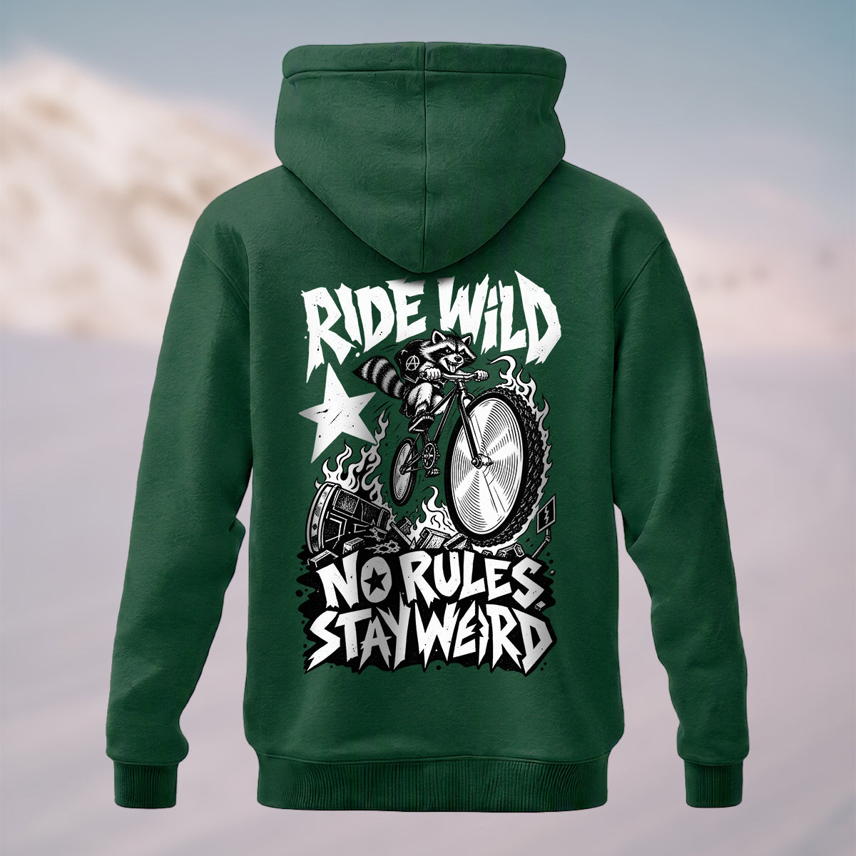 Cotton Made Wild Rebellious Raccoon Hoodie Dark Green