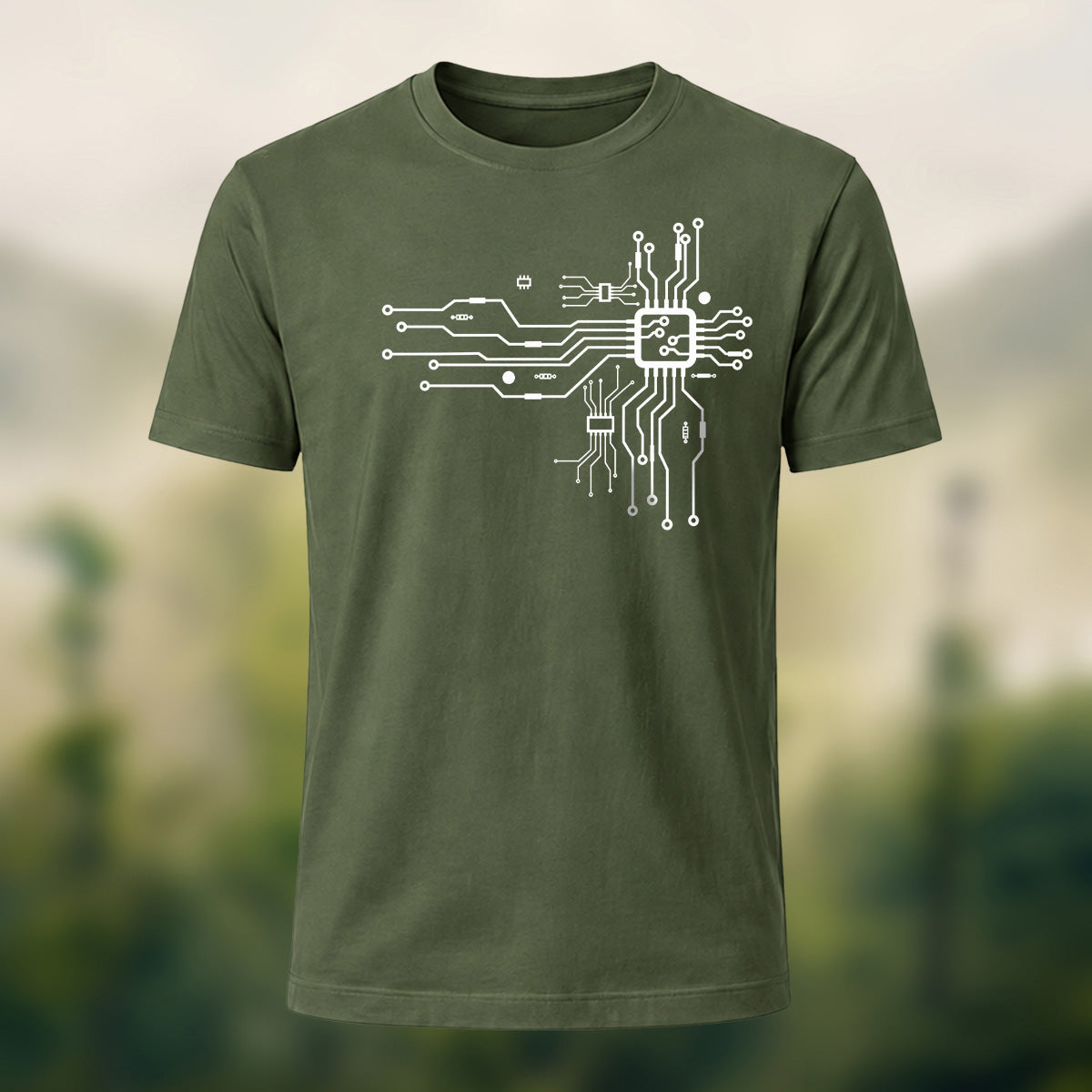Modern Technical Circuit Premium Cotton T-Shirt Olive Green