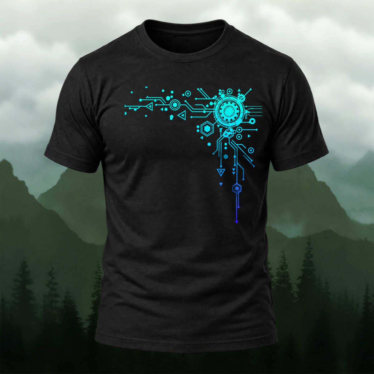Modern Digital Interface Cotton T-Shirt Black