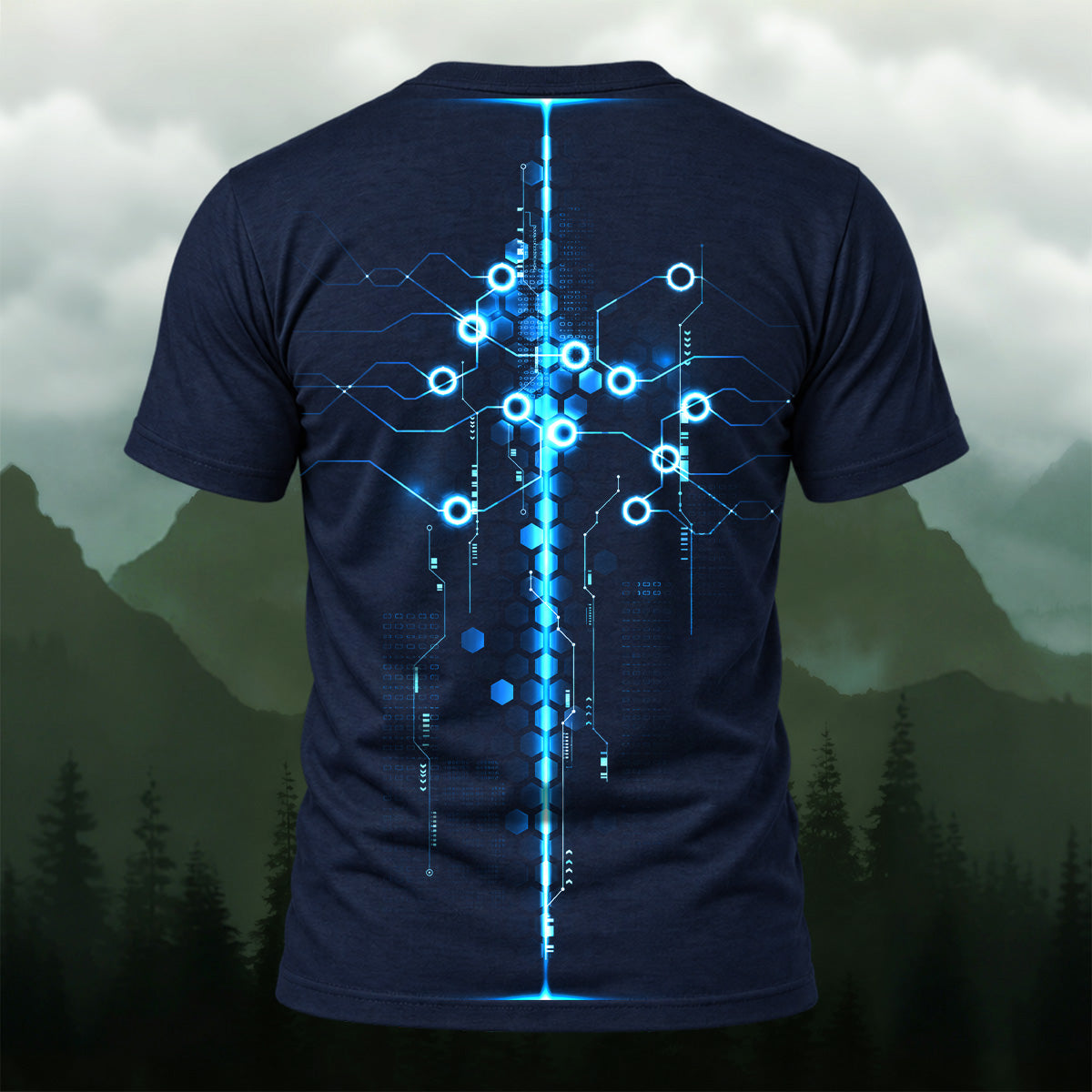 Futuristic Digital Circuit Print T-Shirt Navy