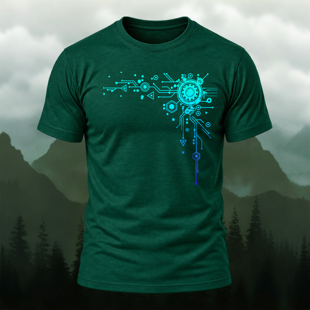 Modern Digital Interface Cotton T-Shirt Forest Green