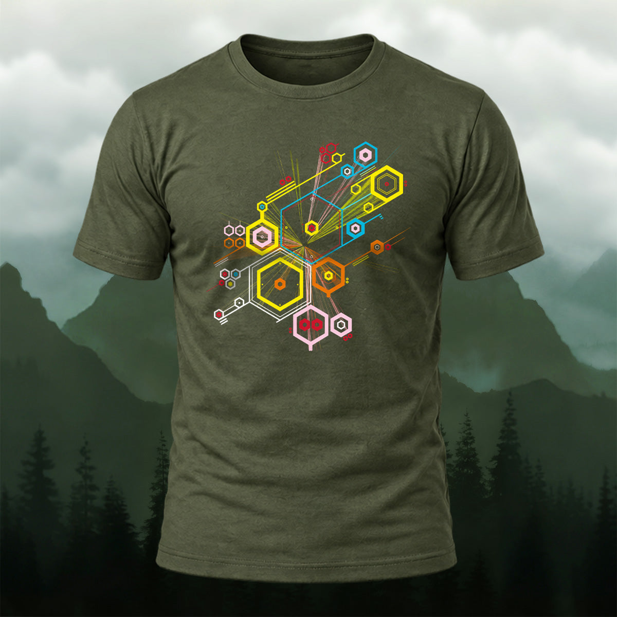 Creative Tech Interface Combed Cotton T-Shirt Olive Green