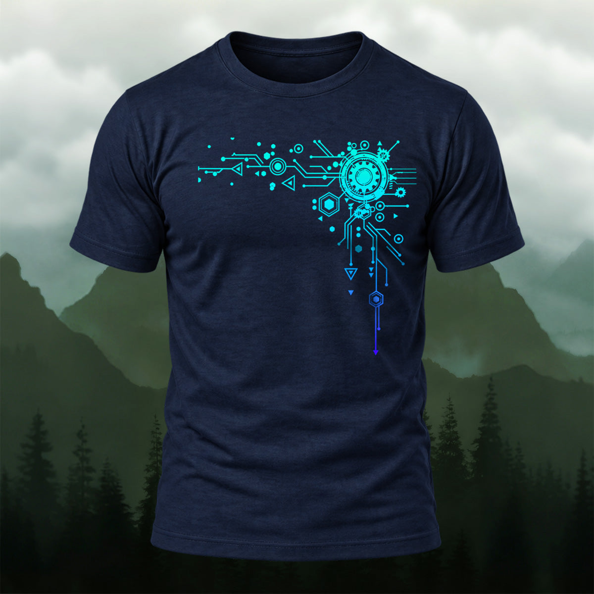 Modern Digital Interface Cotton T-Shirt Navy