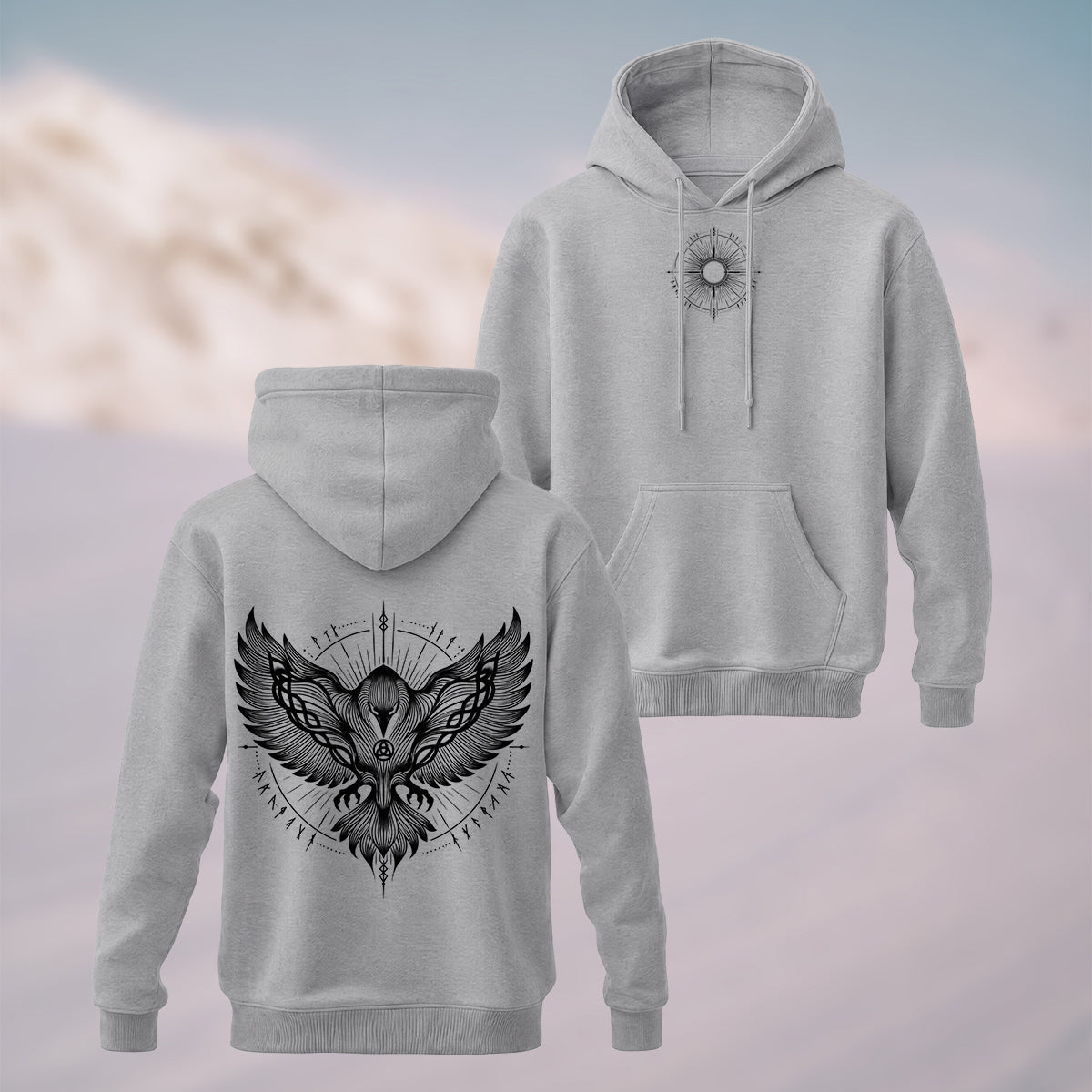Cotton Made Norse Viking Raven Hoodie Heather Grey