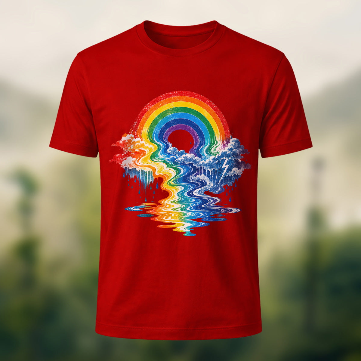 Vivid Rainbow Storm Soft Cotton T-Shirt Red