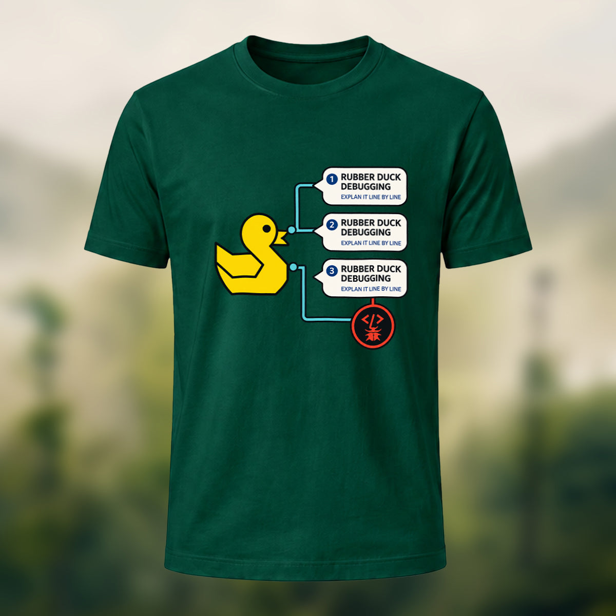 Rubber Duck Debugging Print Casual Soft Cotton T-Shirt Forest Green