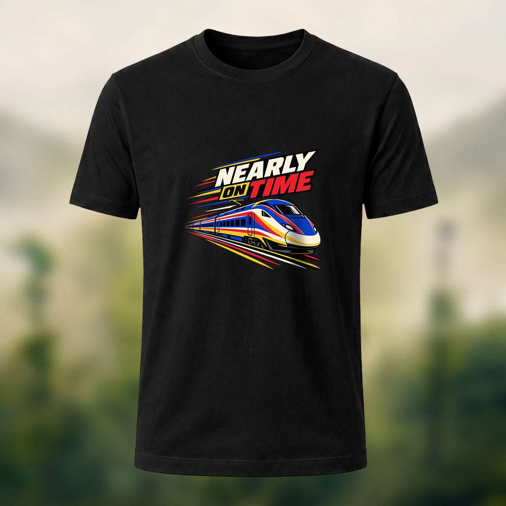 Nearly On Time Train Print Casual Cotton T-Shirt Black