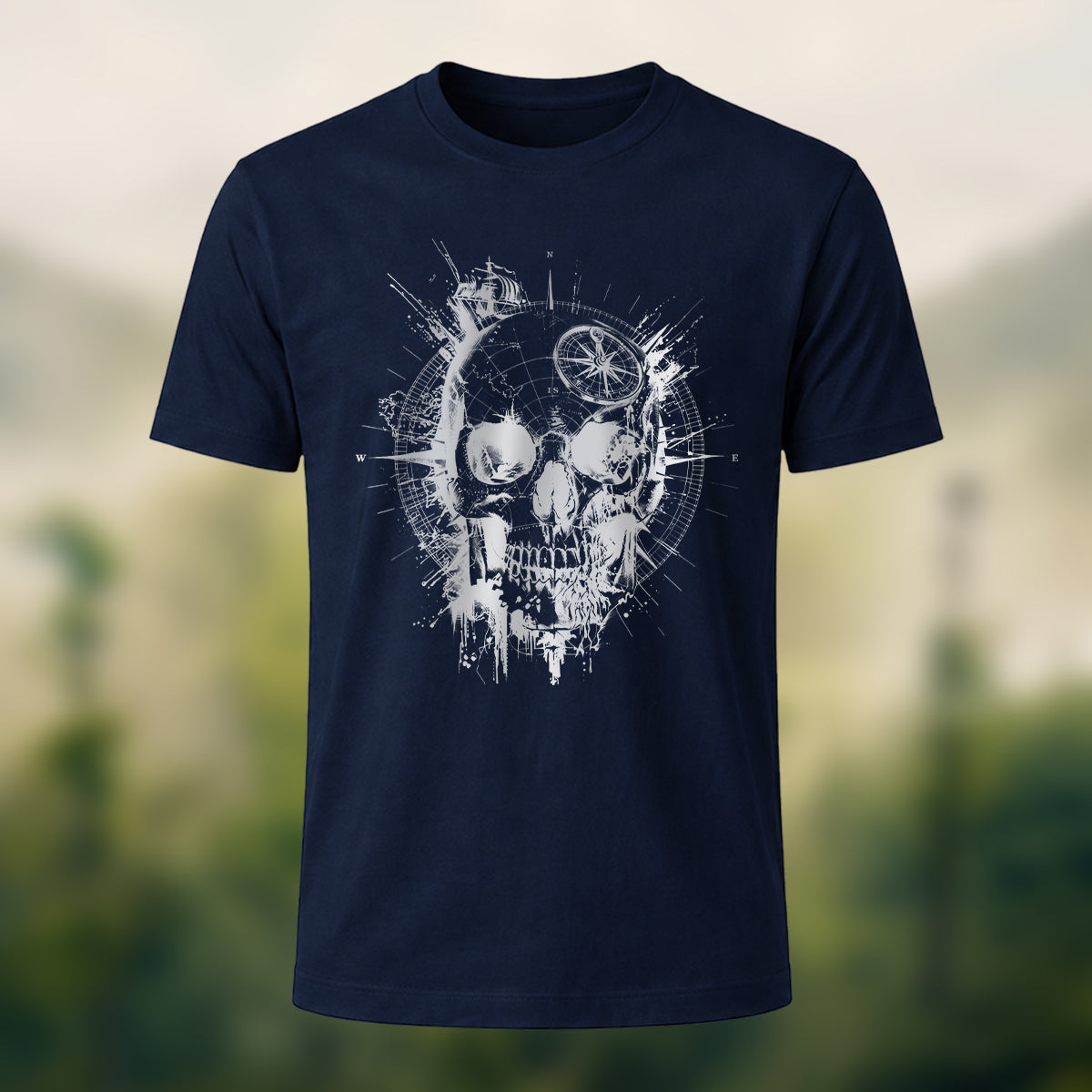 Nautical Gothic Skull Print Casual Soft Cotton T-Shirt Navy