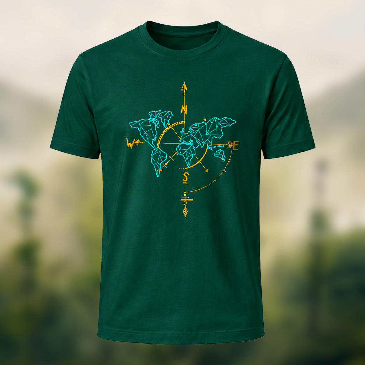 Vintage World Map Compass Soft Cotton T-Shirt Forest Green