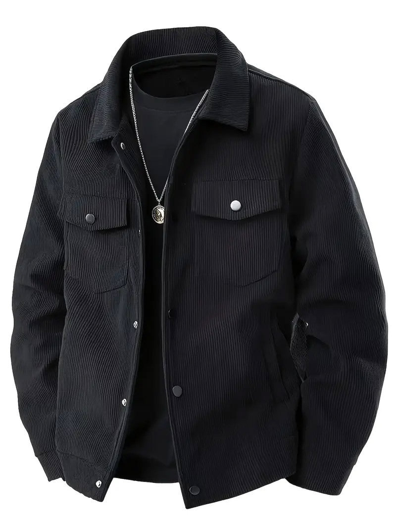 Corduroy Single-Breasted Casual Pockets Jacket Black