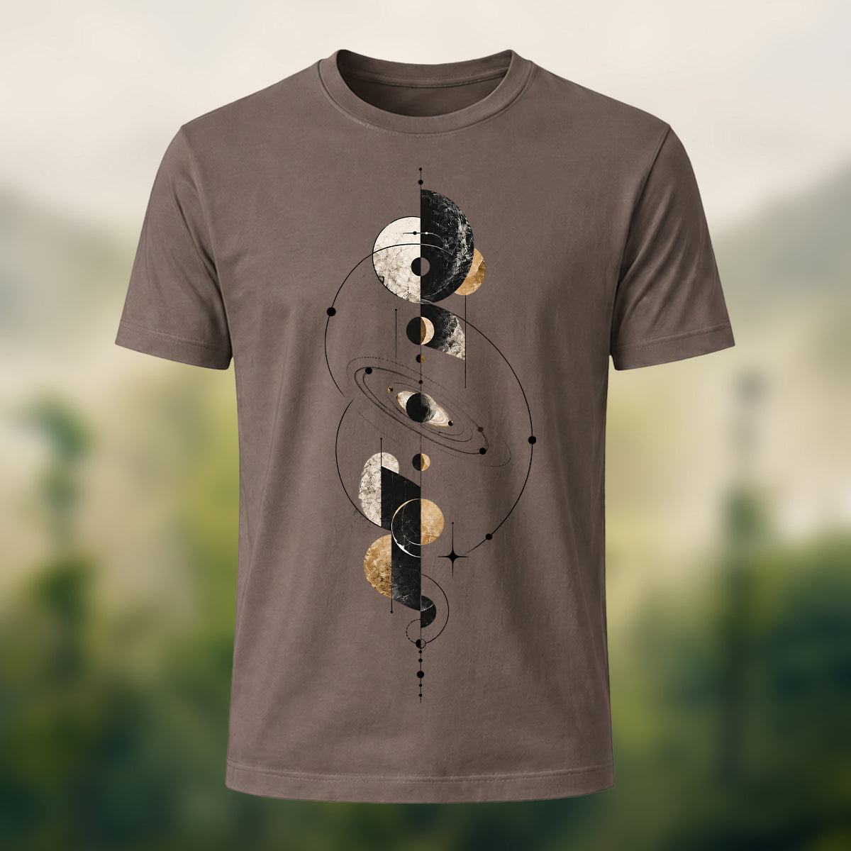Mystical Geometric Planet Soft Cotton T-Shirt Coffee