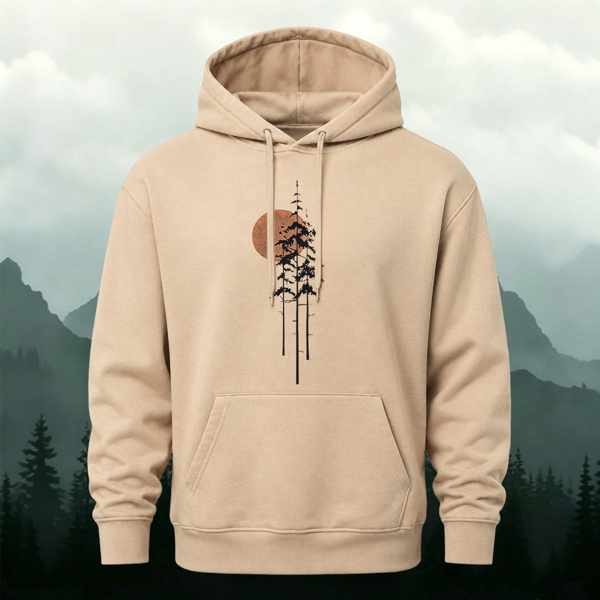 Cotton Made Tree Silhouettes Round Sun Print Hoodie Beige