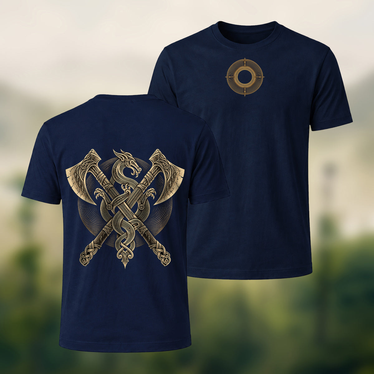 Vintage Viking Axe Print Premium Cotton T-Shirt Navy