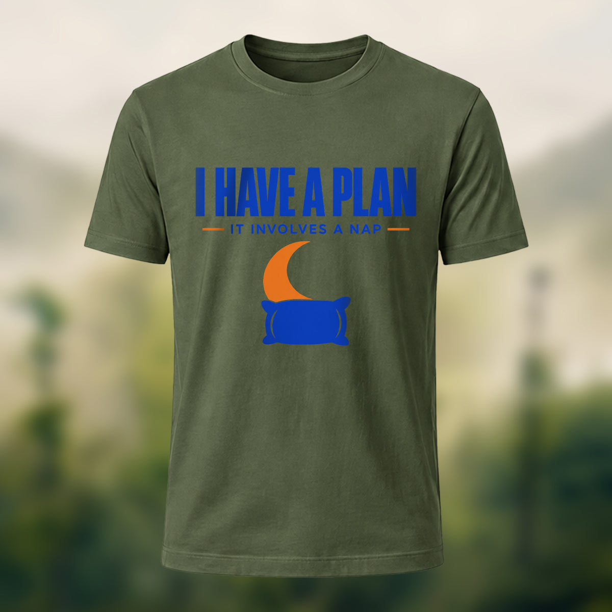 Playful Nap Illustration Combed Cotton T-Shirt Olive Green