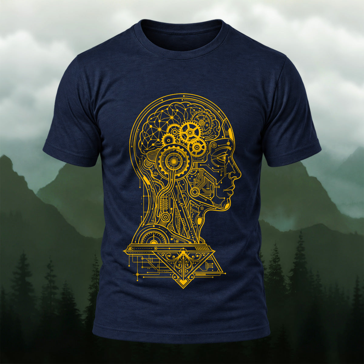 Futuristic Mechanical Brain Combed Cotton T-Shirt Navy