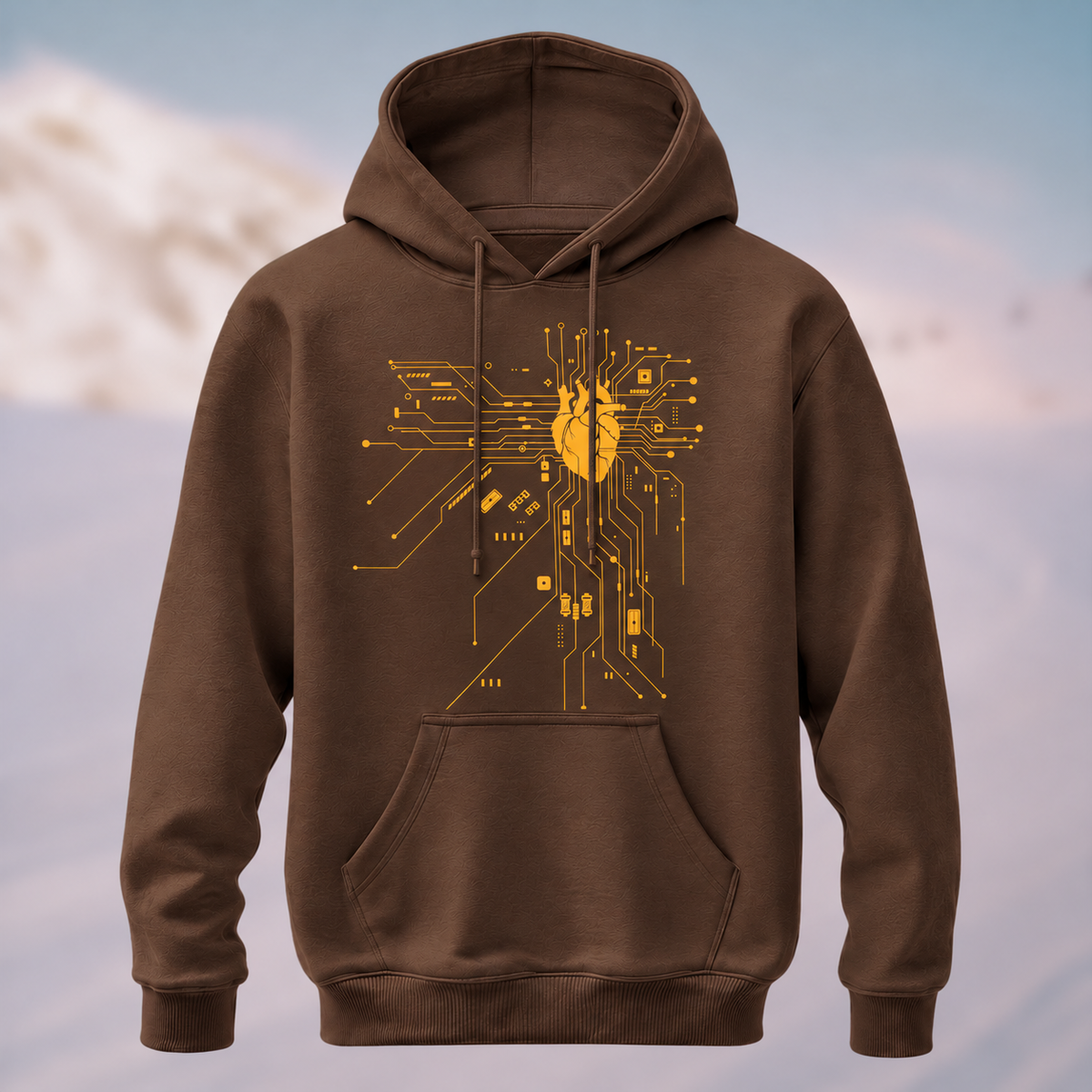 Cotton Made Modern Futuristic Circuit Heart Hoodie Coffee