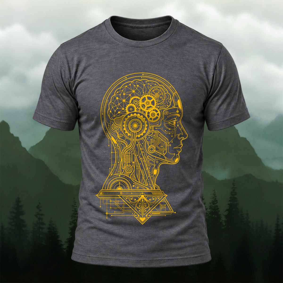 Futuristic Mechanical Brain Combed Cotton T-Shirt Dkgy
