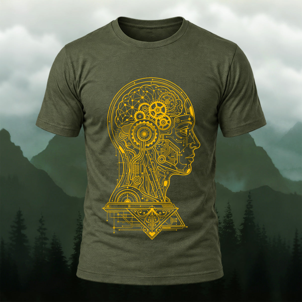 Futuristic Mechanical Brain Combed Cotton T-Shirt Olive Green