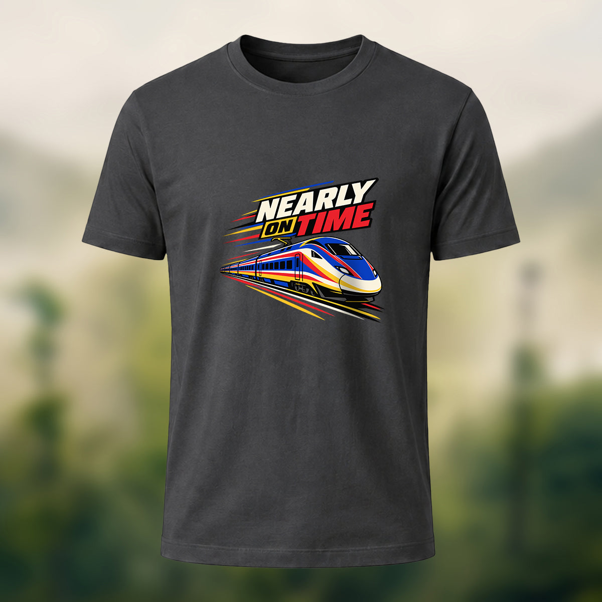 Nearly On Time Train Print Casual Cotton T-Shirt Charcoal