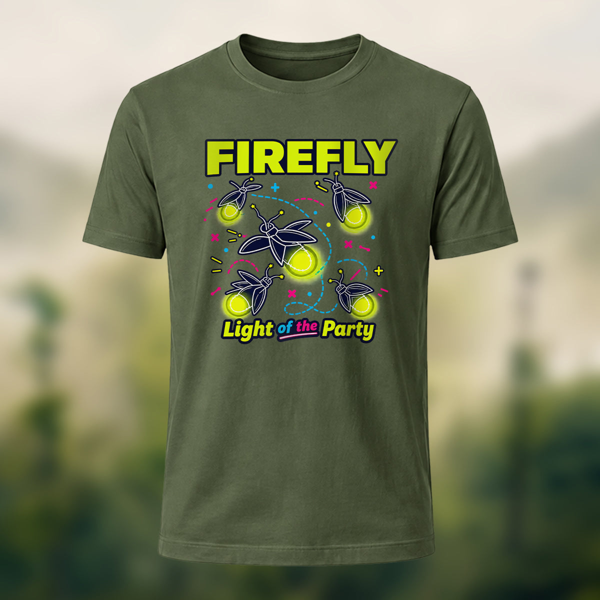 Playful Glowing Firefly Soft Cotton T-Shirt Olive Green